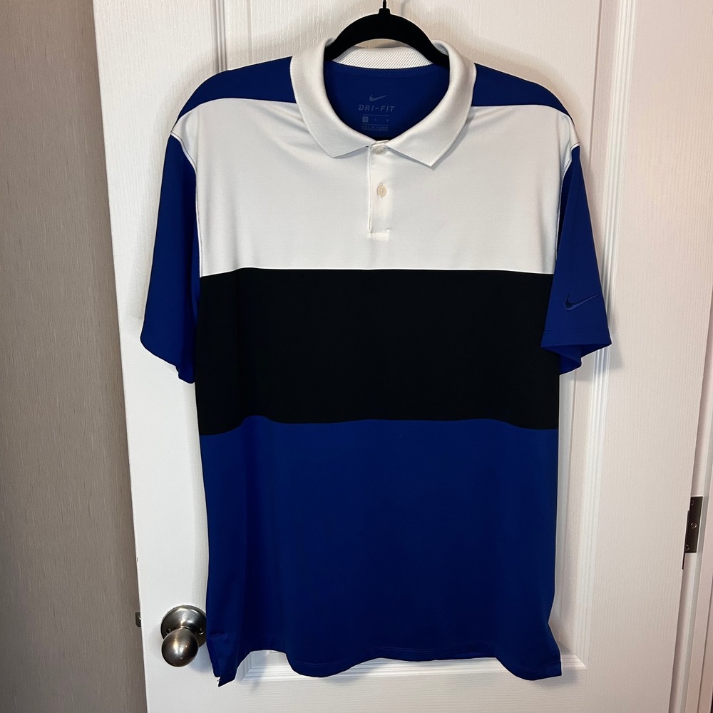 Nike Dri-FIT Color Block Golf‎ Polo Shirt Men's Large White Black Royal Blue